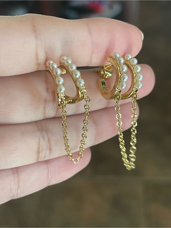 Gold plate Jewelry - Gold Pearl Double-Hoop Chain Earrings - Women Jewelry